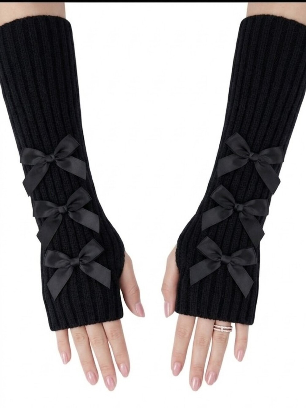 NWT Black Ribbed Knit Fingerless Long Gloves Arm Warmers Bows